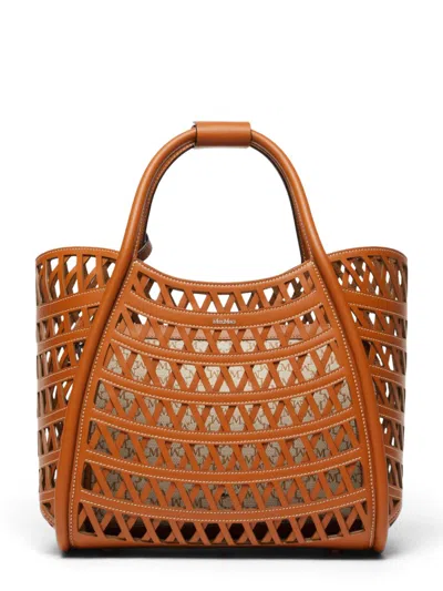 Max Mara Open-weave Handbag With Geometric Cutouts In Brown