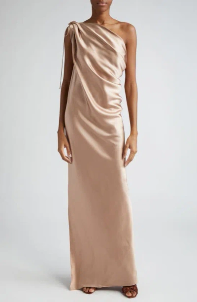 Max Mara Draped Silk Satin One Shoulder Dress In Bronze
