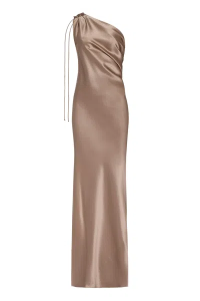 Max Mara Draped Silk Satin One Shoulder Dress In Brown