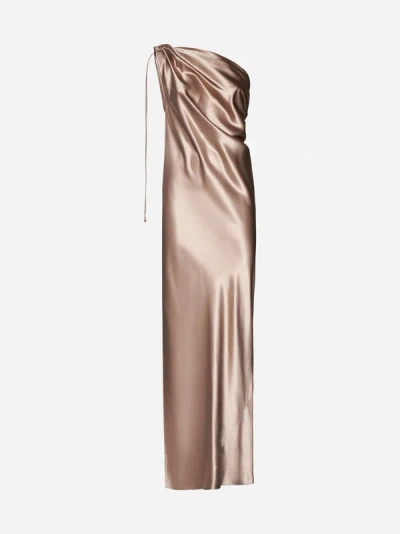 Max Mara Opera Silk One-shoulder Long Dress In Beige
