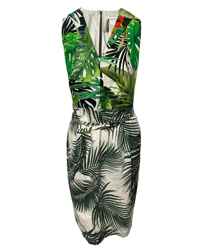 Max Mara Oppio Tropical Print Belted Dress In Green Cotton In Multi