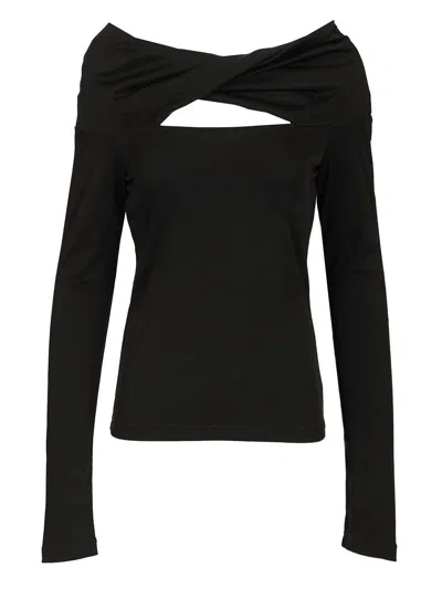 Max Mara Orafo Off Shoulder Wool Interlock Long Sleeve Top Tops Black