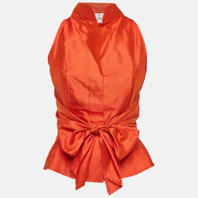 Pre-owned Max Mara Orange Taffeta Silk Sleeveless Draped Shirt M