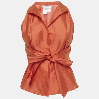 Pre-owned Max Mara Orange Taffeta Silk Wrap Around Top S
