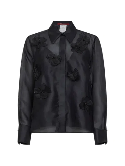 Max Mara Organza Flowers Beaded Shirt In Black