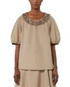 Max Mara Oriana Ruffle Neck Cotton Top In Neutral