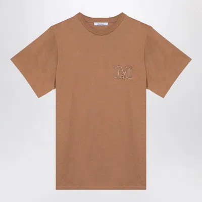 Max Mara Oversized Beige Cotton T-shirt With Logo Embroidery In Cream