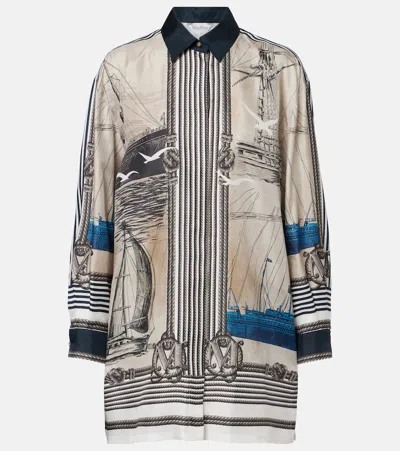 Max Mara Oversized Printed Silk Twill Shirt In Gray