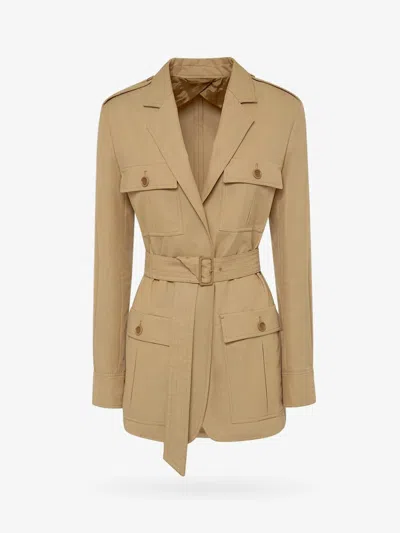 Max Mara Pacos Belted Canvas Long Jacket In Beige