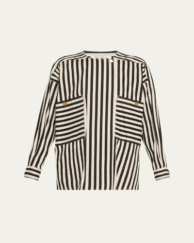 Max Mara Paio Stripe Long-sleeve Silk Shirt Jacket In White Black