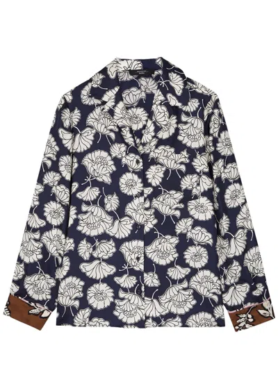 Max Mara Palla Floral-print Silk-satin Shirt In Navy