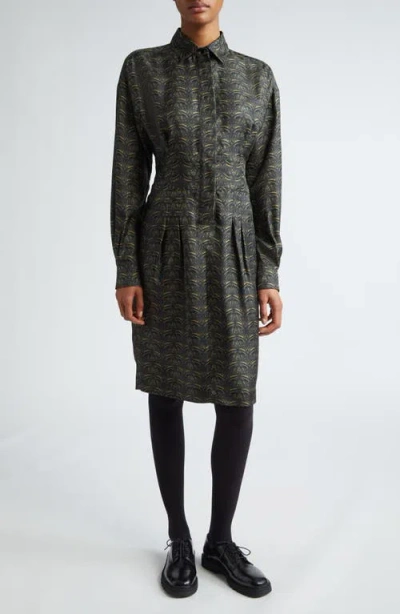 Max Mara Panfilo Print Long Sleeve Silk Twill Shirtdress In Dark Green