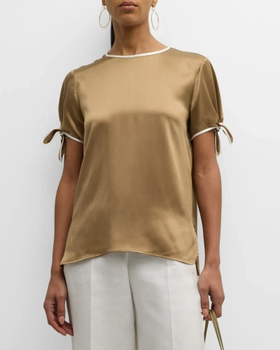 Max Mara Pania Short-sleeve Ties Silk Shirt In Clay