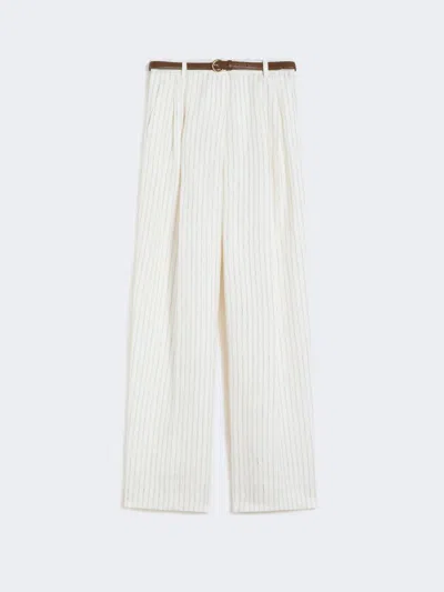 Max Mara Pantalon En Lin À Fines Rayures In White
