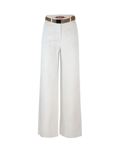MAX MARA MURGE TROUSERS IN WHITE COTTON AND LINEN WITH BELT