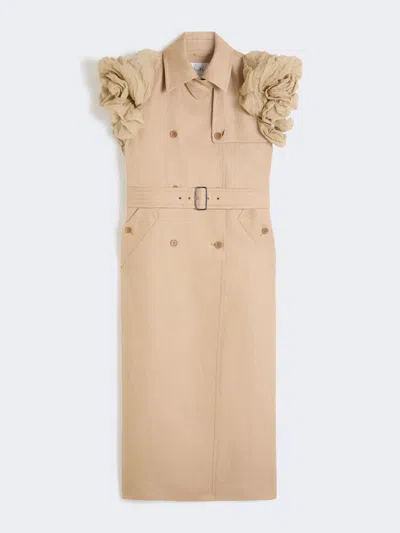 Max Mara Pardessus Sans Manches En Tissu Natté De Lin Avec Volants In Brown