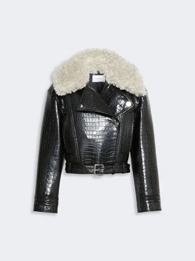 Max Mara Patent Leather Biker Jacket In Black