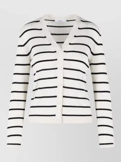 Max Mara Pedale Cashmere Silk Striped V Neck Cardigan In White
