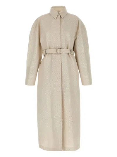 Max Mara Perforated Belted Leather Coat In Neutral