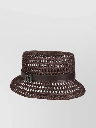 Max Mara Perforated Belted Wide Brim Woven Hat In Brown