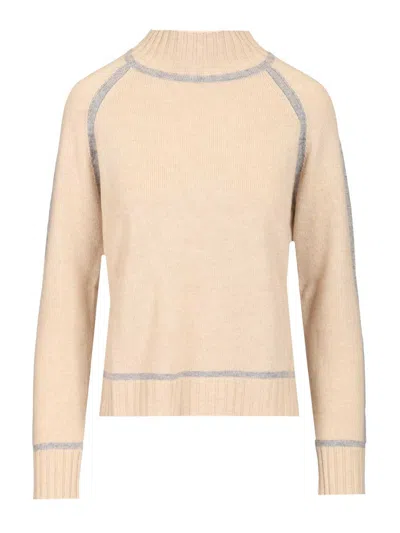 Max Mara Perscara Wool Cashmere Blend Highneck Kint Relaxed Fit Colour Detail Knitwear White In Pink