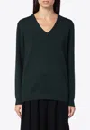 Max Mara Black Solid V Neck Sweater In Green
