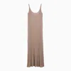 Max Mara Long Beige Ribbed Dress With U Neckline In Lurex Woman In Yellow