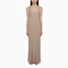 Max Mara Long Beige Ribbed Dress With U Neckline In Lurex Woman In Yellow