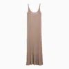 Max Mara Long Beige Ribbed Dress With U Neckline In Lurex Woman