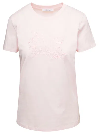Max Mara Pink Crew Neck T-shirt With Embroidered Logo On The Chest In Cotton Woman In Multicolor