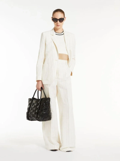 Max Mara Pinstriped Canvas Wide Trousers In White