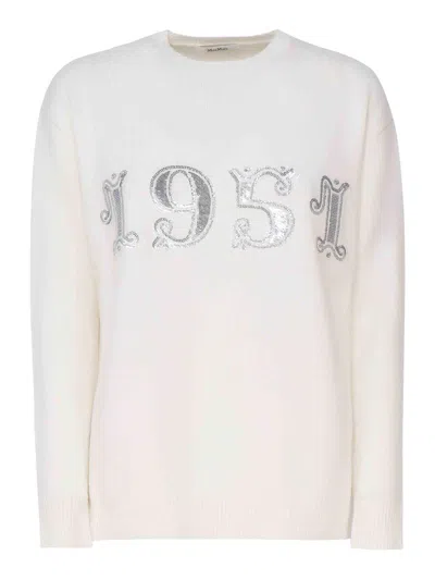 Max Mara Plata Pullover In Wool Cashmere And Sequins In White