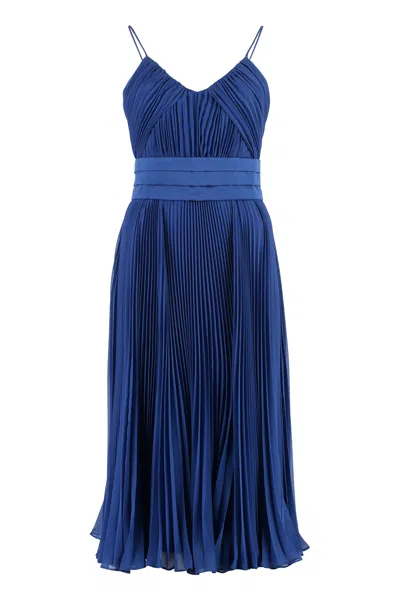 Max Mara Pleated Belted Midi Dress In Blue