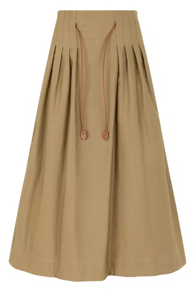 Max Mara Mxmtempio Belted Pleated Leather-trimmed Cotton Midi Skirt In Brown