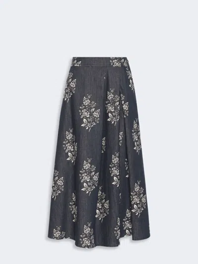 Max Mara Pleated Printed Cotton Skirt In Navy