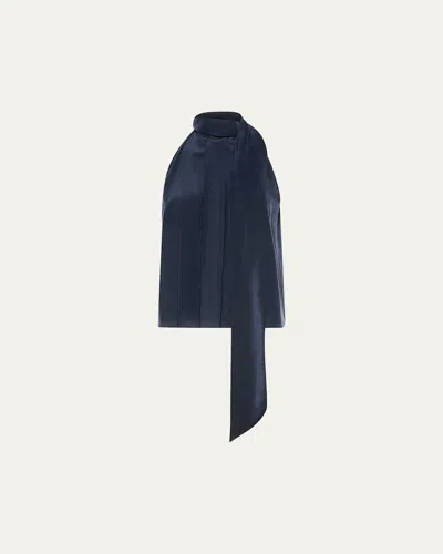 Max Mara Pleated Silk Crepe De Chine Halter Top In Blue