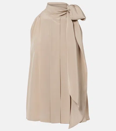 Max Mara Pleated Tie-neck Silk Crêpe De Chine Top In Brown