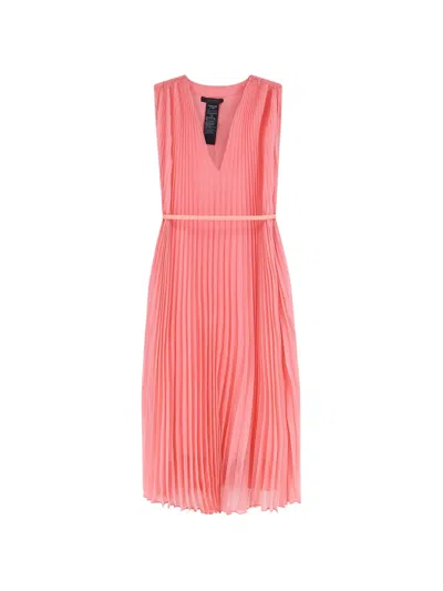 Max Mara V Neck Sleeveless Belted Pleated Midi Dress In Pink