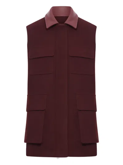 Max Mara Sleeveless Jacket With Leather Collar And Pockets In Burgundy