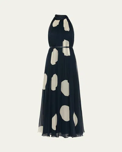 Max Mara Polka-dot Silk Chiffon Scarf-neck Halter Maxi Dress In Midnightbl