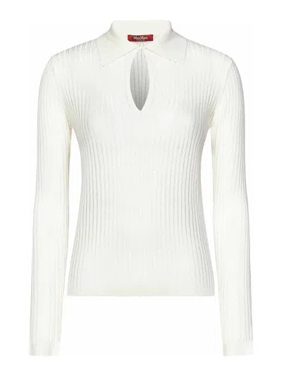 Max Mara Long-sleeved White Silk And Wool Knit Polo