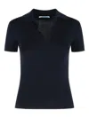 Max Mara Navy Blue Virgin Wool Albero Knit Ribbed Polo In Blue