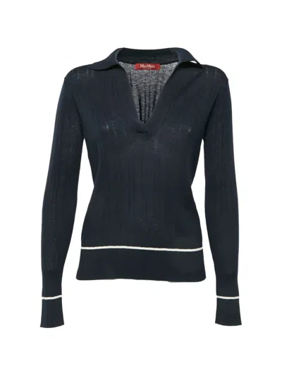 Pre-owned Max Mara Polo-collar Ribbed Sweater In Blue