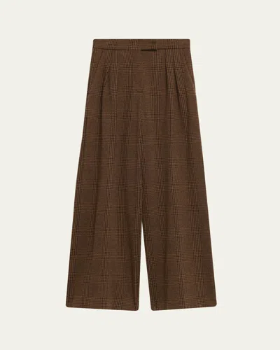 Max Mara Ponza Check Wool Pleated Wide-leg Pants In Brown