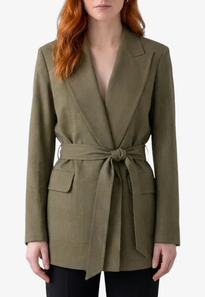 Max Mara Prince Of Wales Belted Wool Blazer In Green
