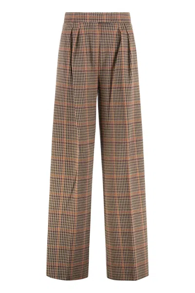 Max Mara Prince Of Wales Pattern Wool-cotton Trousers With Double Pleats In Multicolor