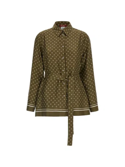 Max Mara Printed Belted Shirt In Green