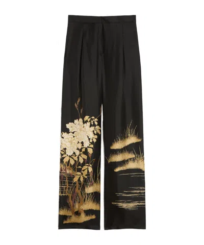 Max Mara Fluid Printed Silk Trousers In Black