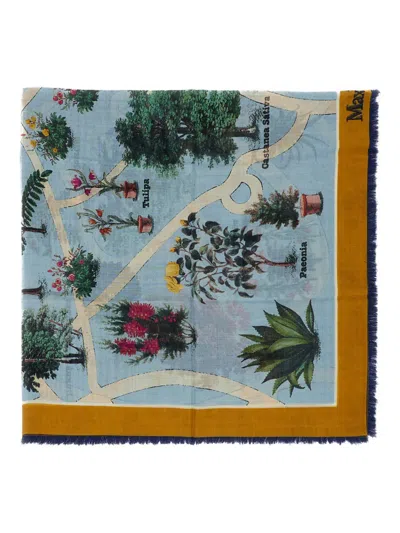Max Mara Printed Fringed Scarf In Blue
