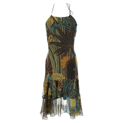 Pre-owned Max Mara Printed Halter Midi Dress In Green Silk